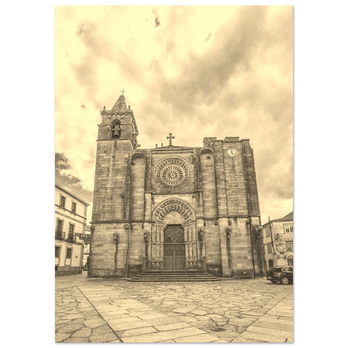 Galicia Spain Sepia Stone Cathedral Rose Window Facade Poster
