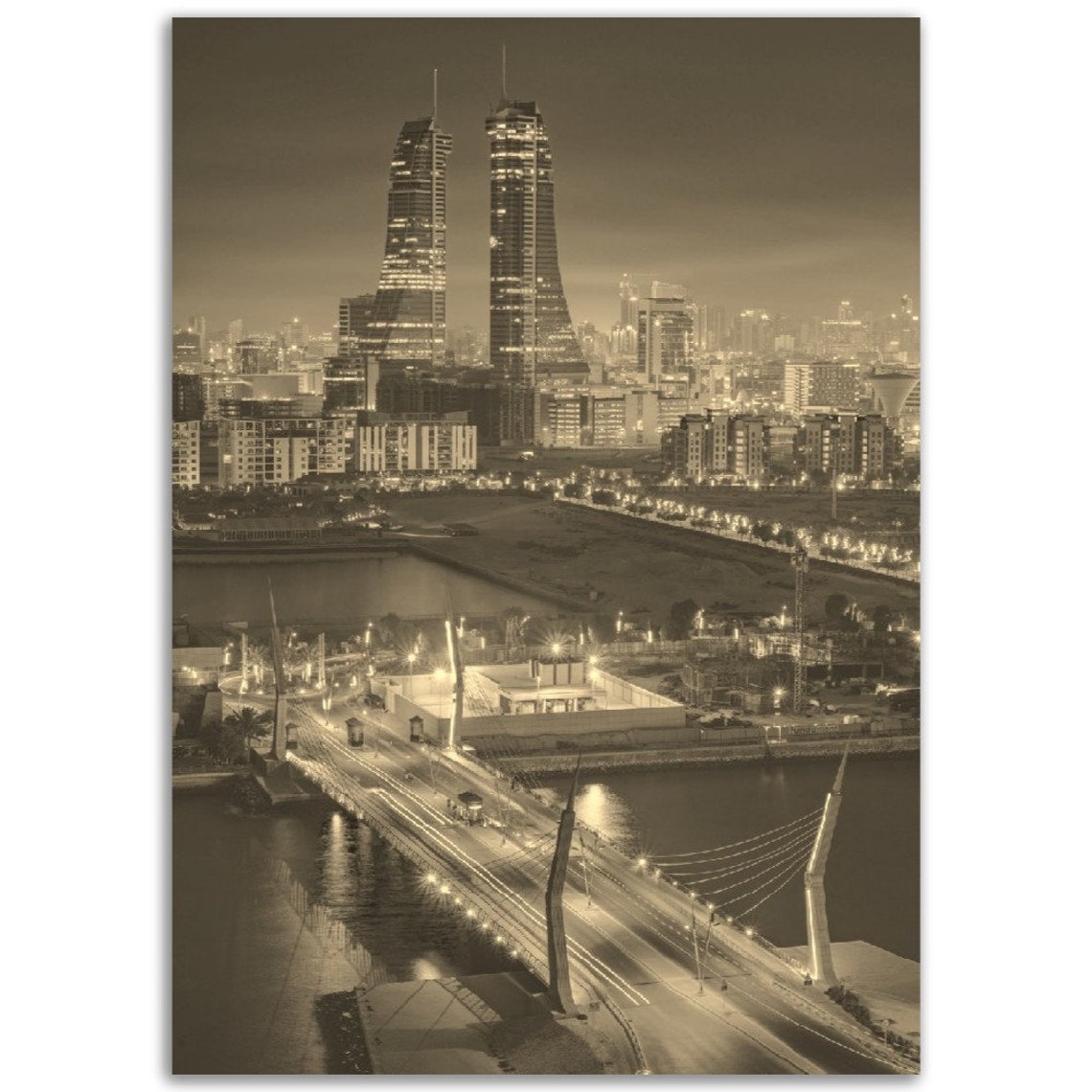 Vintage Manama Bahrain Sepia Night Skyline Bridge Travel Poster