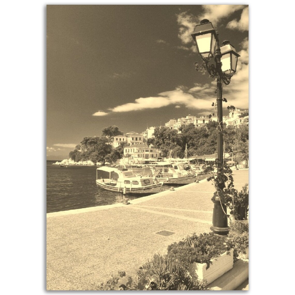 Vintage Sepia Skiathos Greece Harbor Boats Travel Photo Poster