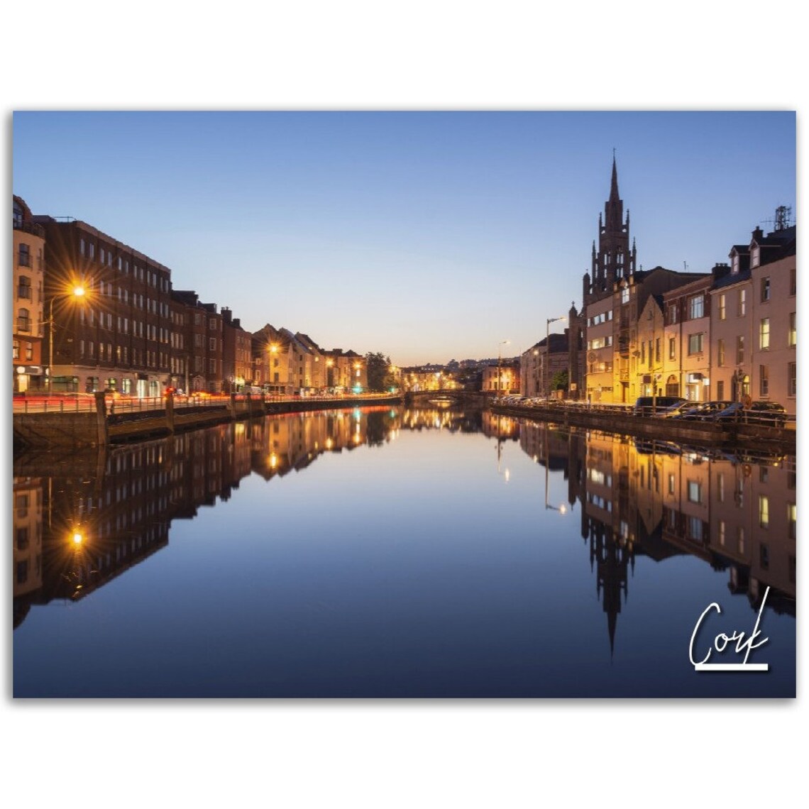 Cork Ireland River Lee Night Cityscape Reflections View Poster