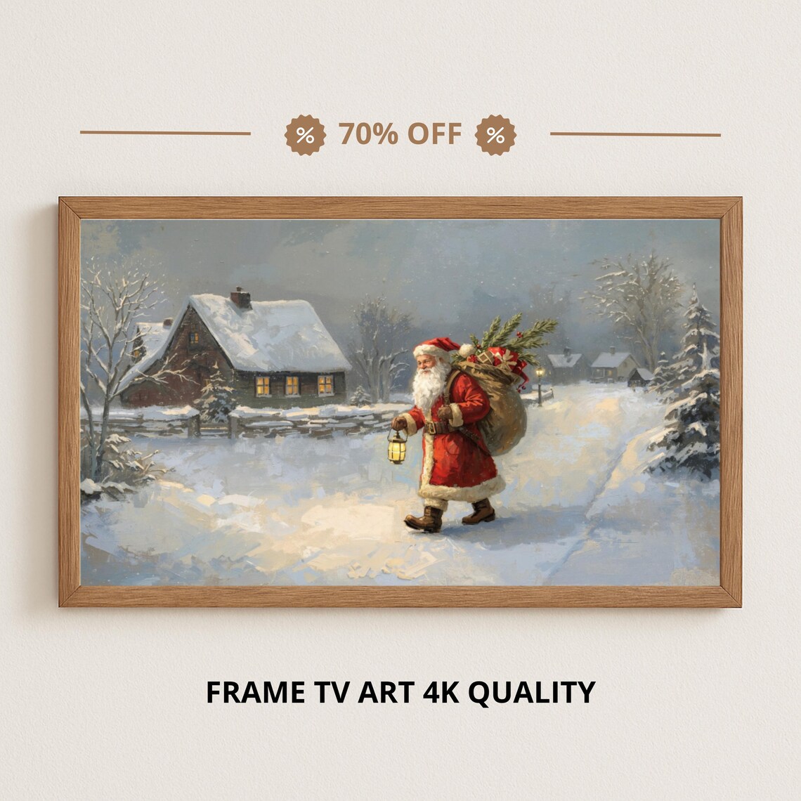Santa Claus Christmas Eve Walk With Lantern And Gifts Snowy Village Poster