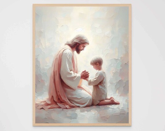 Jesus Praying With Little Boy Soft Pastel Impasto Art Poster
