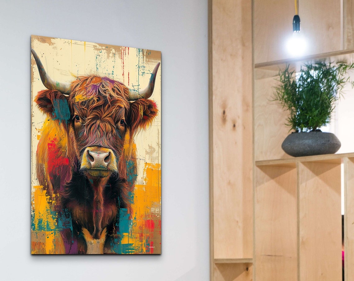 Highland Cow Colorful Abstract Portrait Mid Century Cow Poster