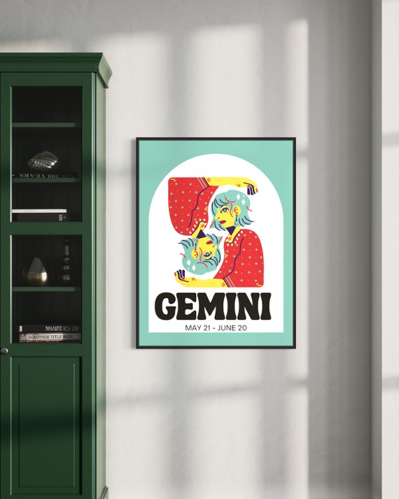Gemini Wall Art Print Bold Color Zodiac Poster Retro Wall Decor Gemini Zodiac Twins Sign