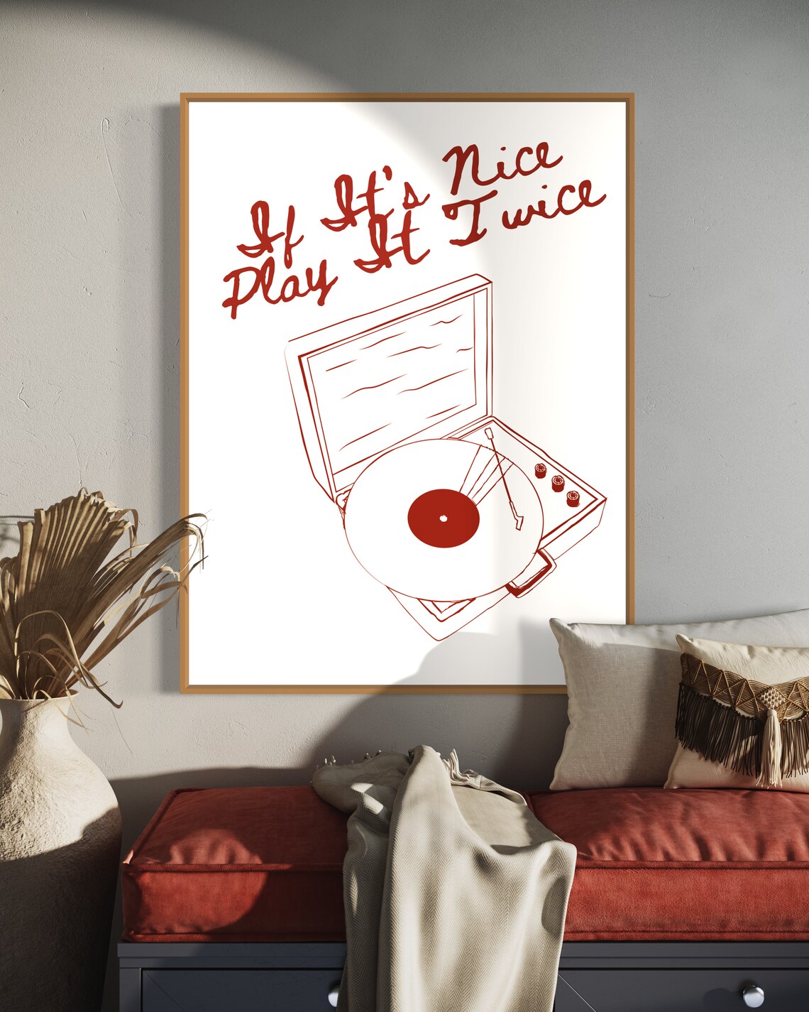 Play It Twice Vinyl Record Player Red Line Art Retro Music Poster - Image 3