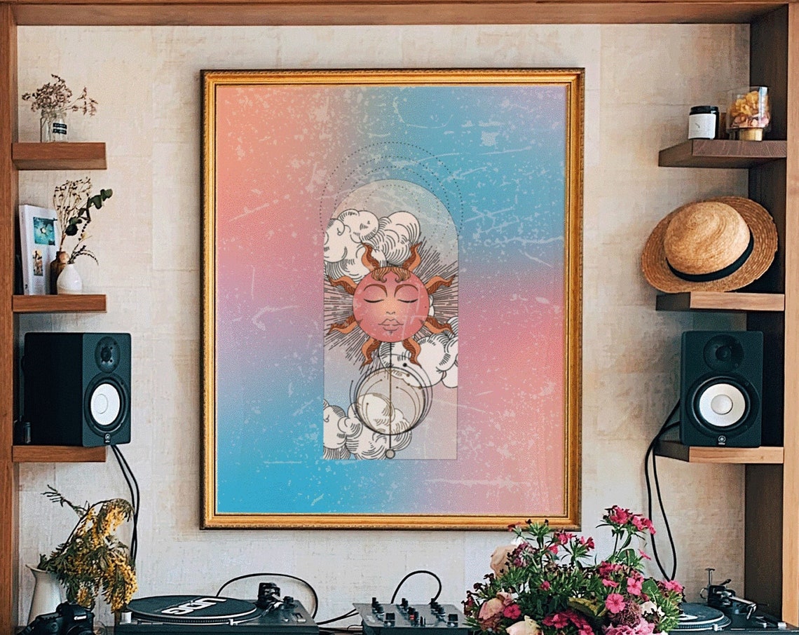 Celestial Sun Moon Face Pink Blue Gradient 70s Boho Art Poster
