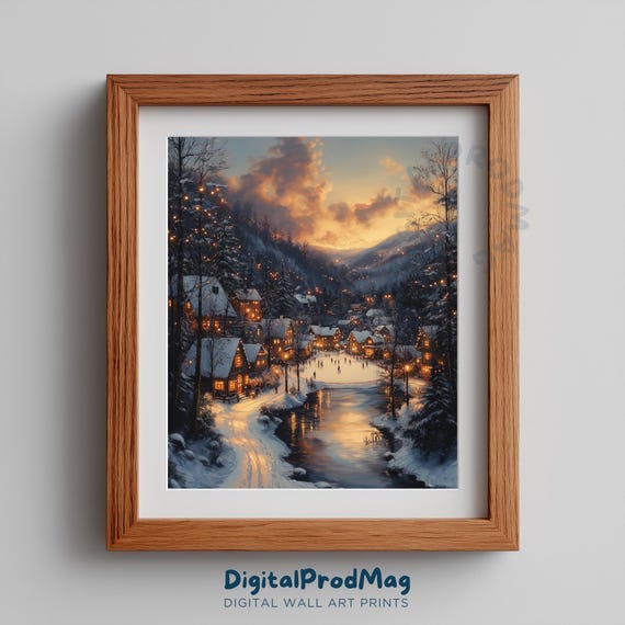 Winter Village Scene Print Festive Ice Skating Rustic Holiday Art