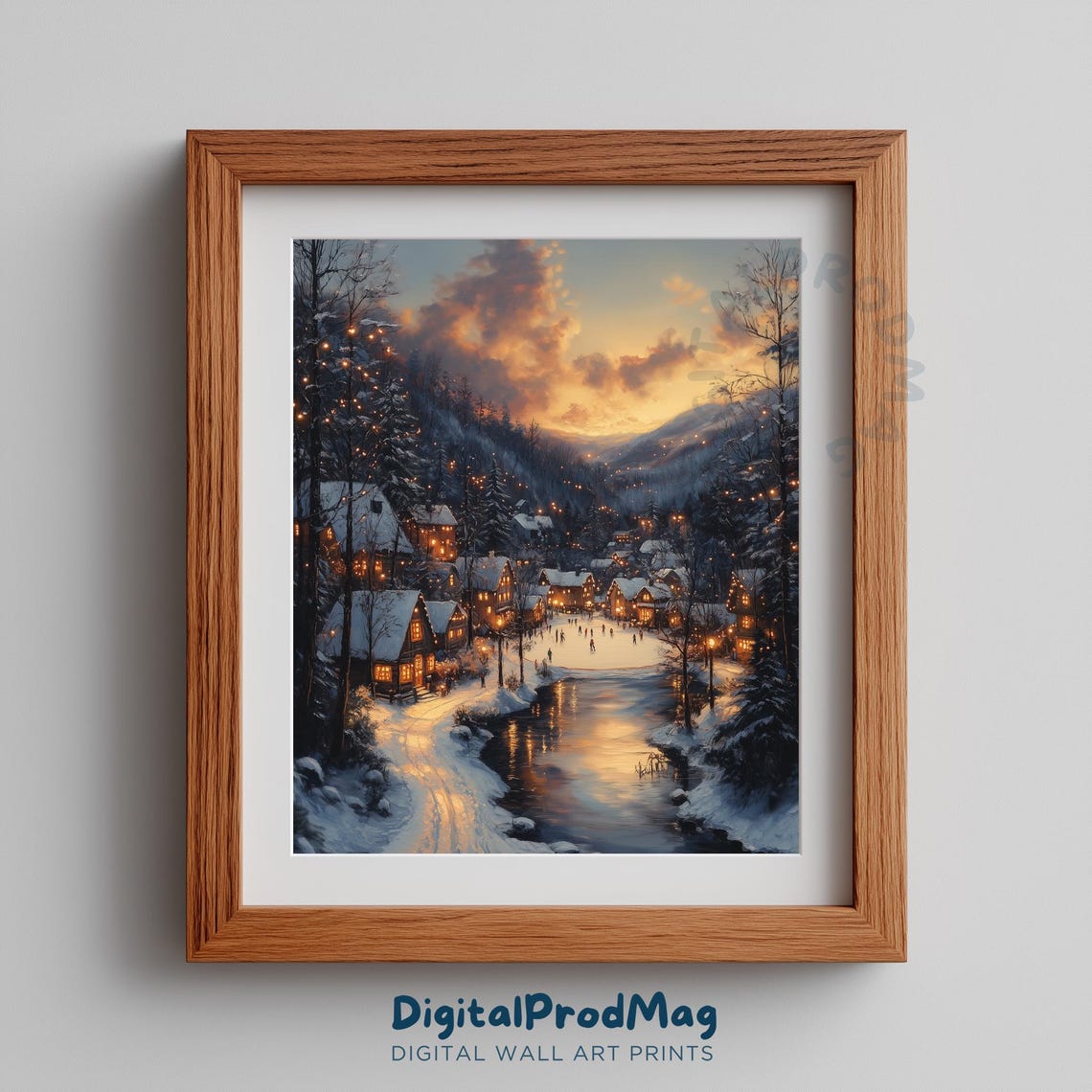 Winter Village Ice Skating Scene Festive Rustic Holiday Art Poster