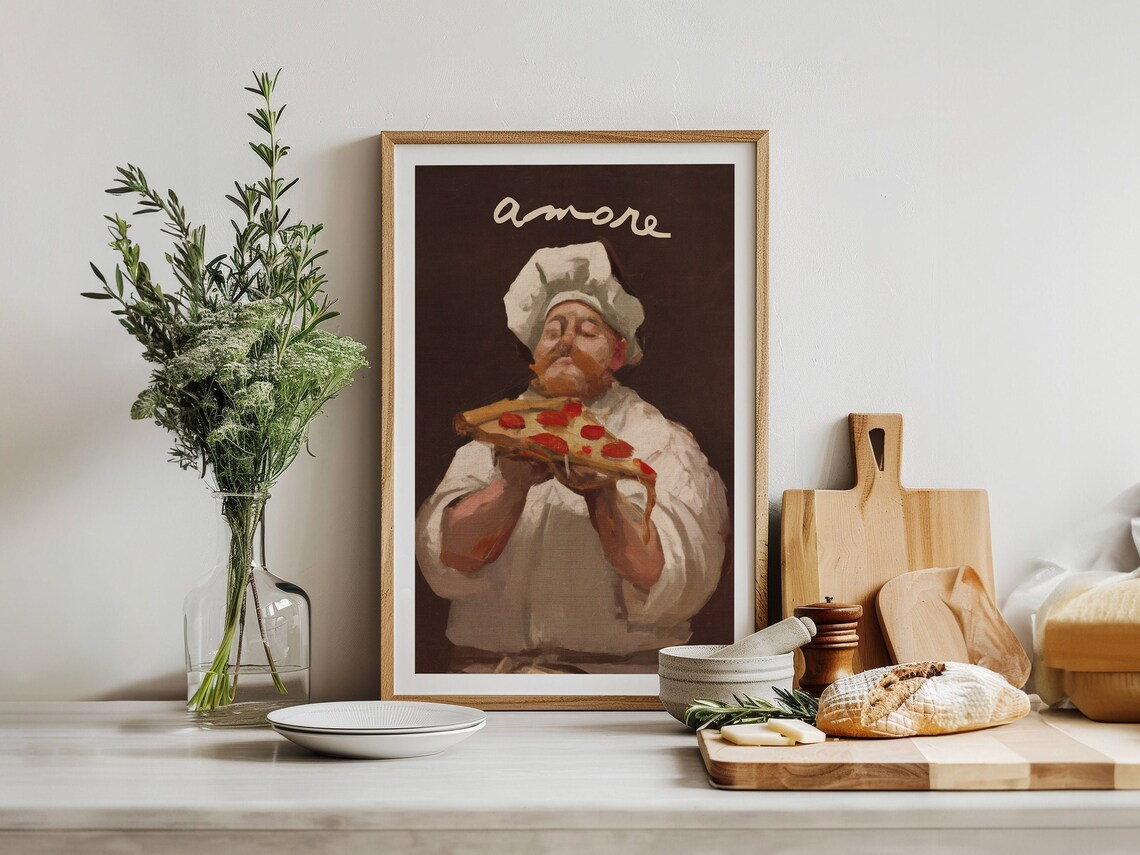 Amore Italian Chef Holding Pepperoni Pizza Vintage Painting Poster - Image 2