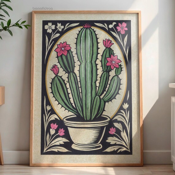 Vintage Potted Cactus Botanical Poster Pink Flowers Retro Botanical Art