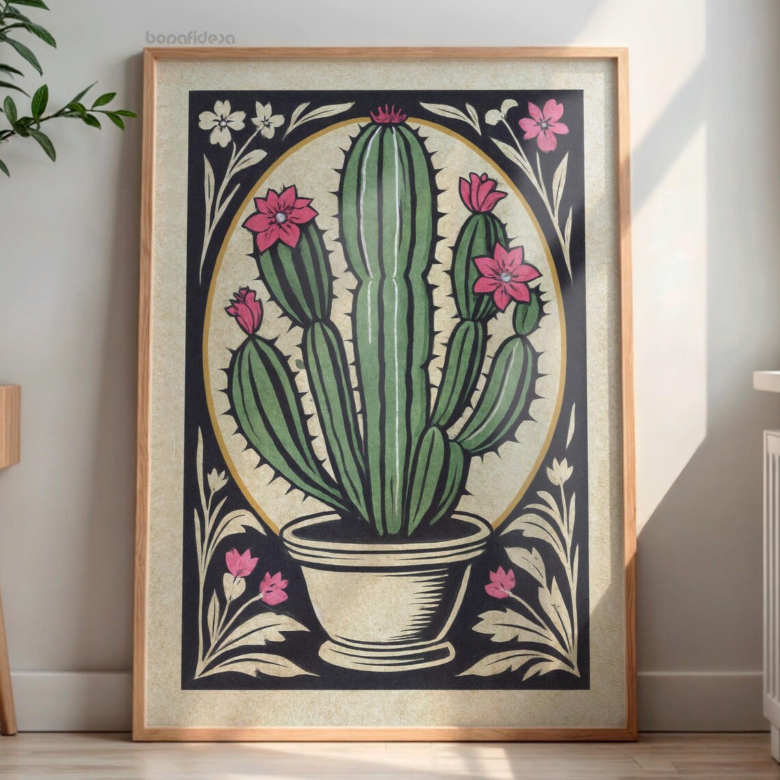 Vintage Potted Cactus Botanical Poster Pink Flowers Retro Botanical Art