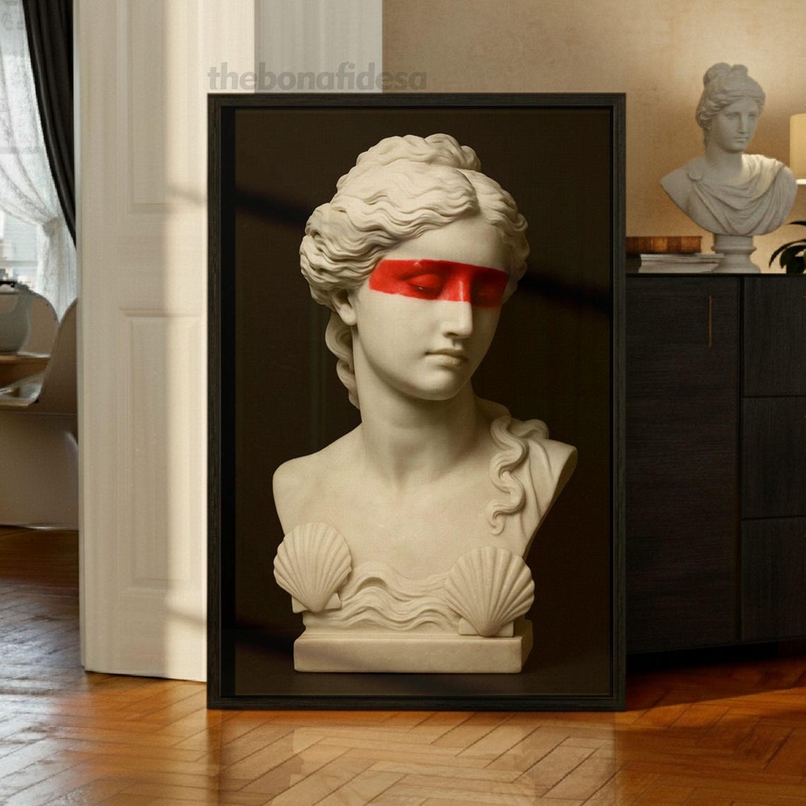 Classical Marble Bust Statue Red Paint Eyes Modern Surreal Greek Print