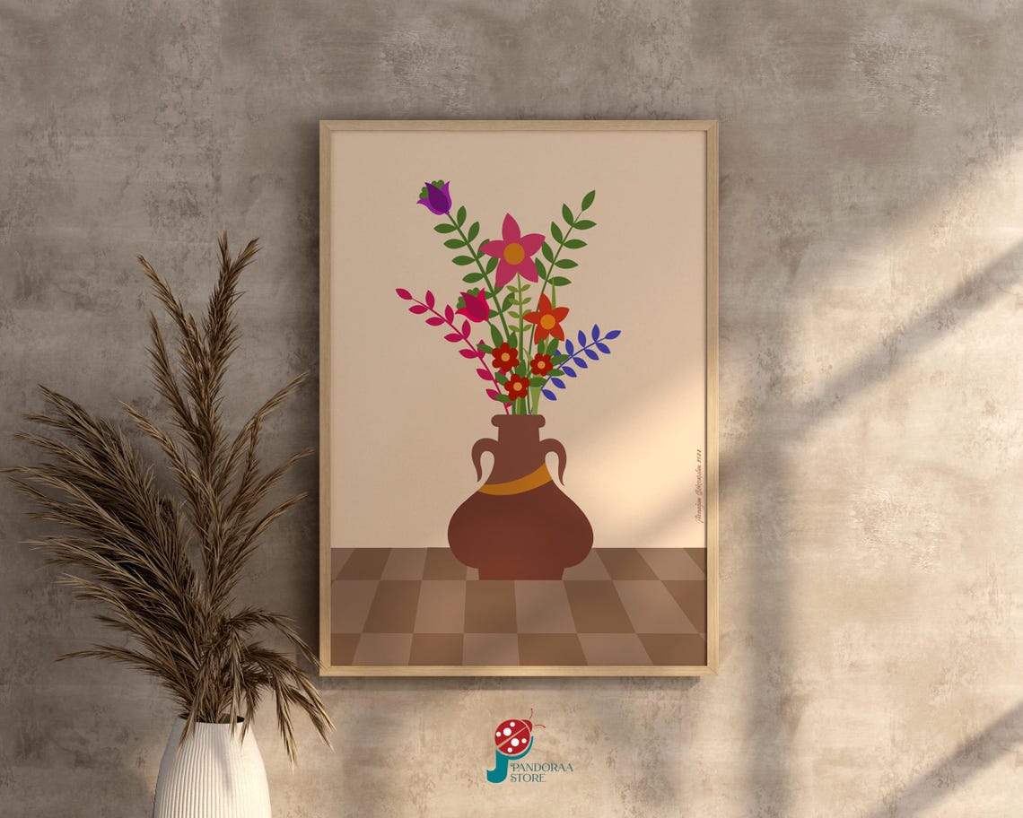 Colorful Wildflowers Brown Vase Folk Art Beige Botanical Wall Poster