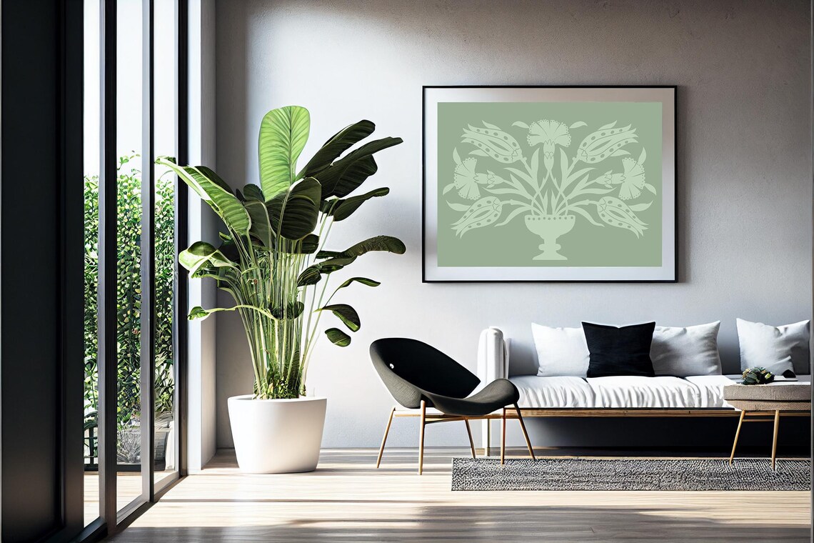 Sage Green Tone Floral Bouquet Urn Minimalist Folk Wall Art Print - Image 5
