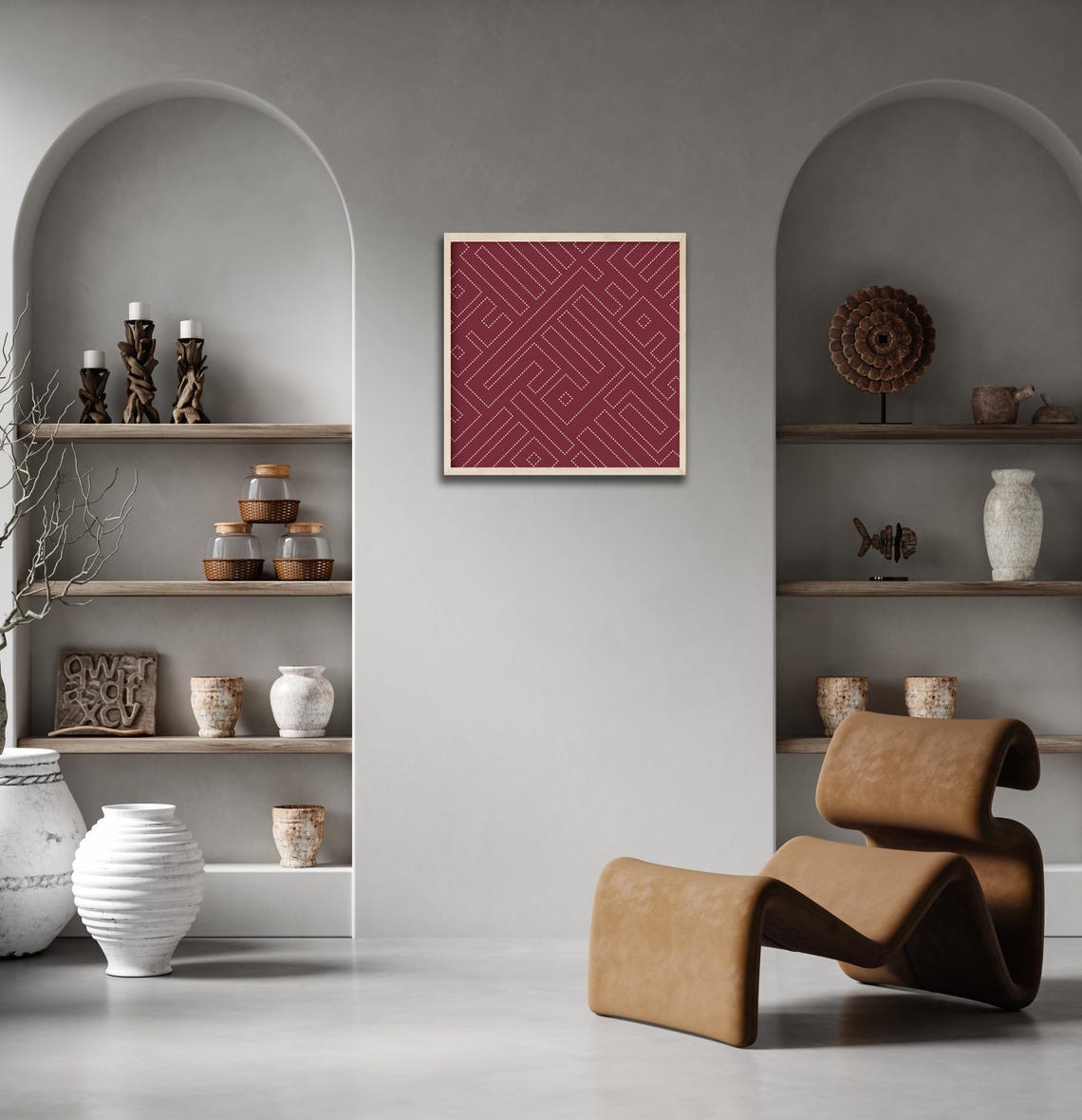Burgundy White Dashed Maze Square Geometric Bold Modern Art Poster - Image 2