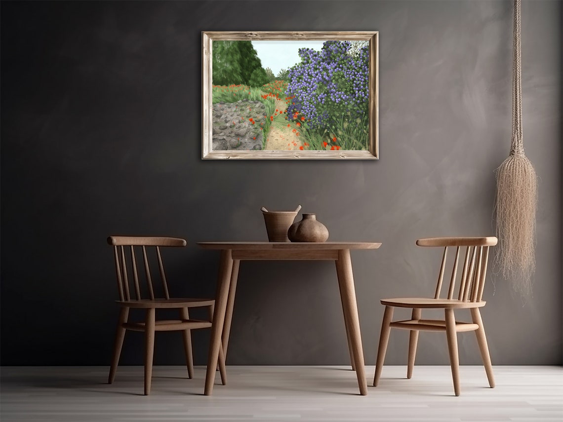 Purple Flowering Bush Red Poppies Forest Path Garden Landscape Print - Image 4