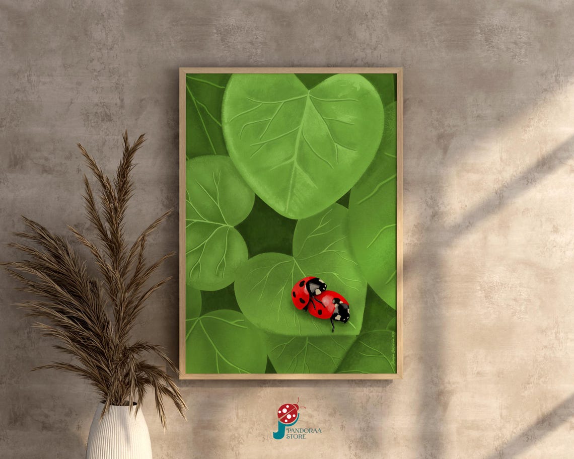 Cute Two Ladybugs on Heart Shaped Green Leaves Nature Poster