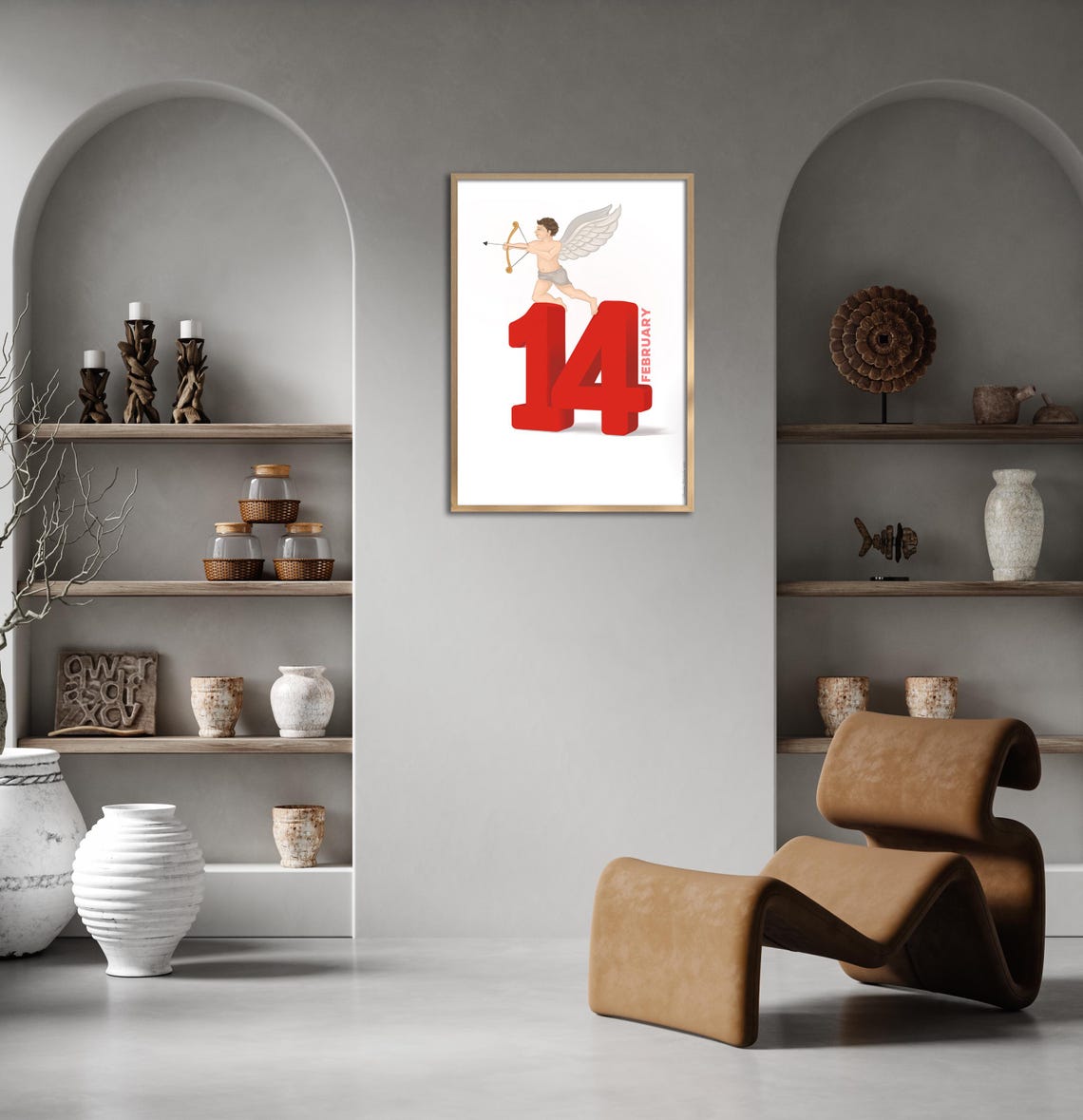 February 14 Cupid Archer Standing on Giant Red Numbers Poster - Image 2