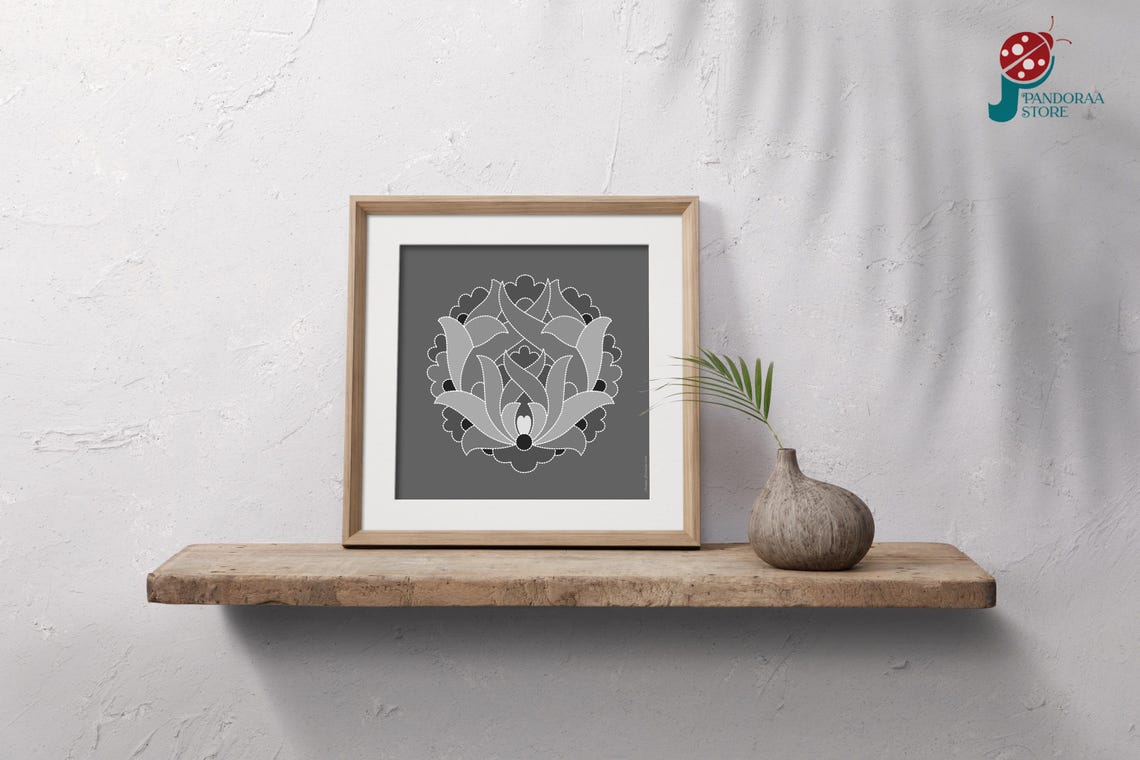 Grey Ornamental Floral Medallion Art on Dark Grey Background Poster - Image 5