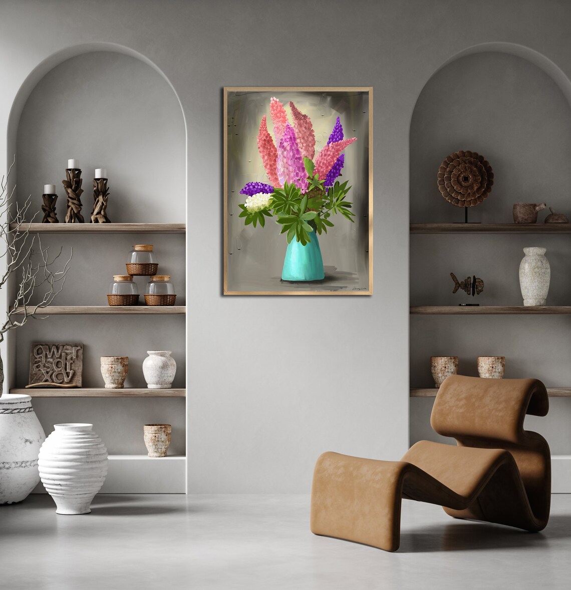 Colorful Lupine Bouquet in Turquoise Vase Oil Painting Poster - Image 3