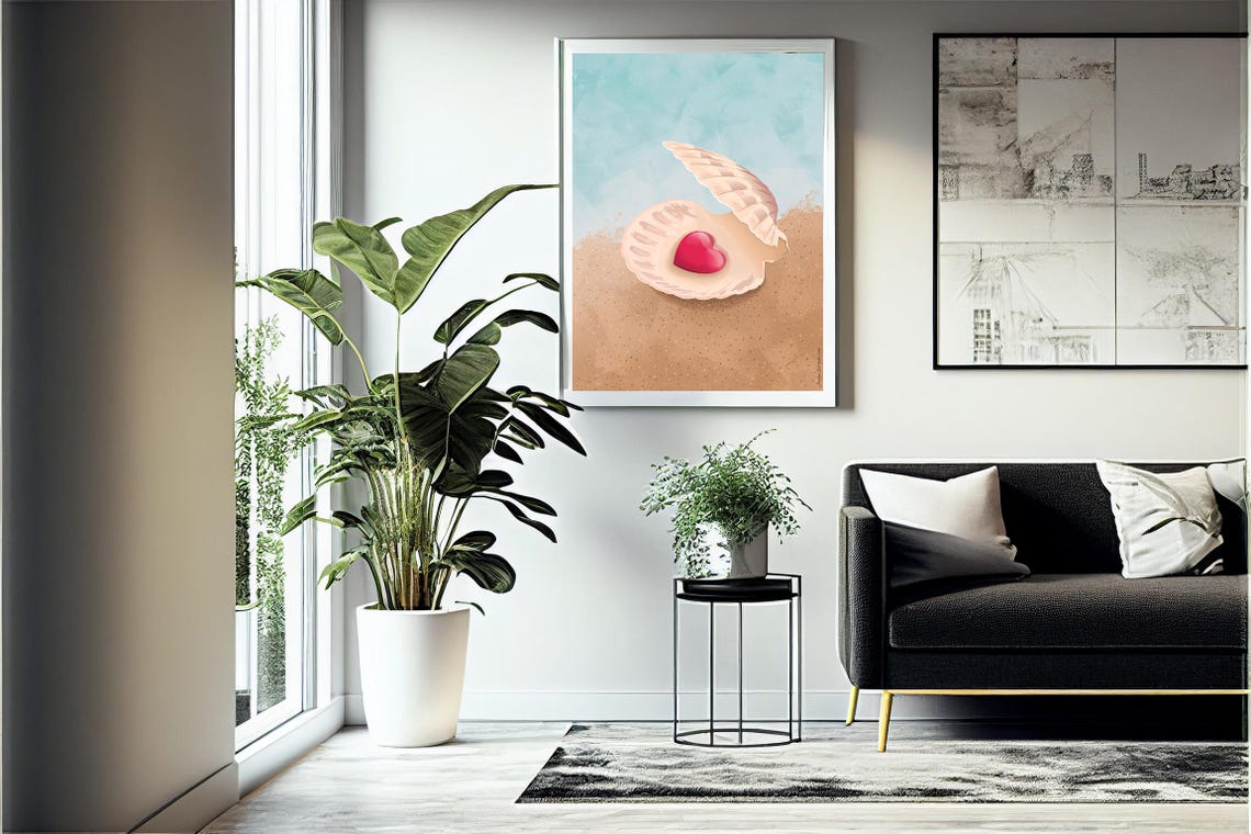Romantic Red Heart Pearl in Seashell on Sandy Beach Wall Poster - Image 4