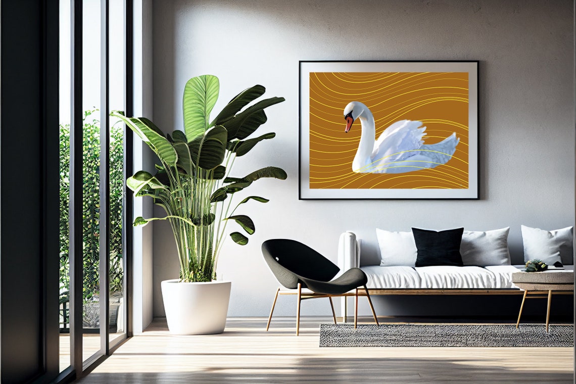 Elegant White Swan on Golden Brown Wavy Line Background Wall Poster - Image 4