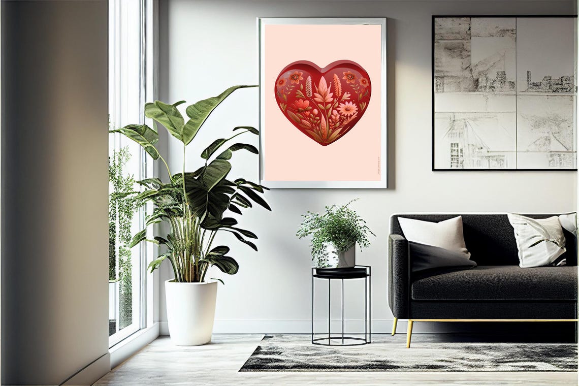 Romantic Red Floral Folk Art Heart on Blush Pink Background Poster - Image 4
