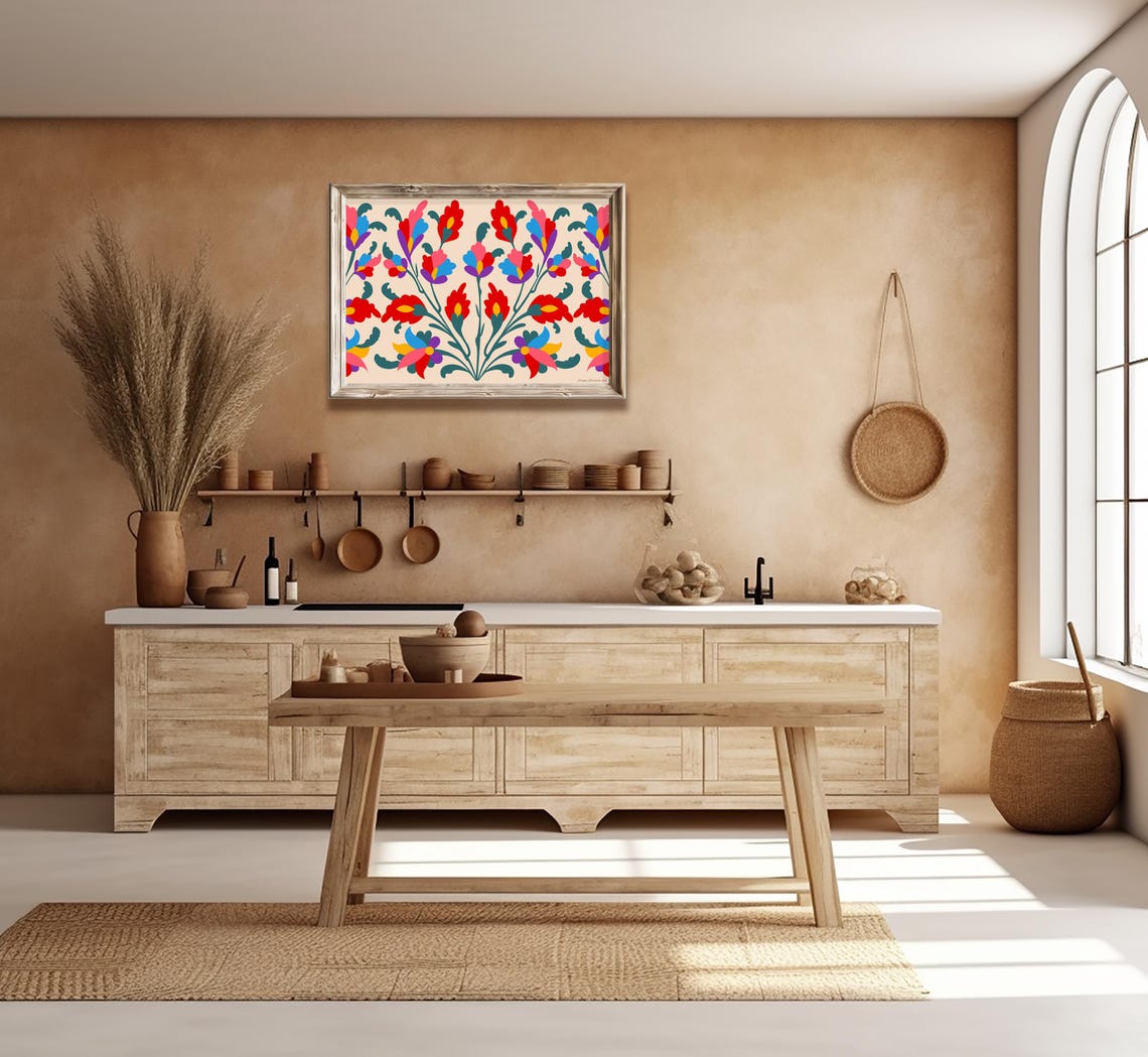 Colorful Bohemian Folk Floral Pattern Red Blue Blossom Wall Poster - Image 3