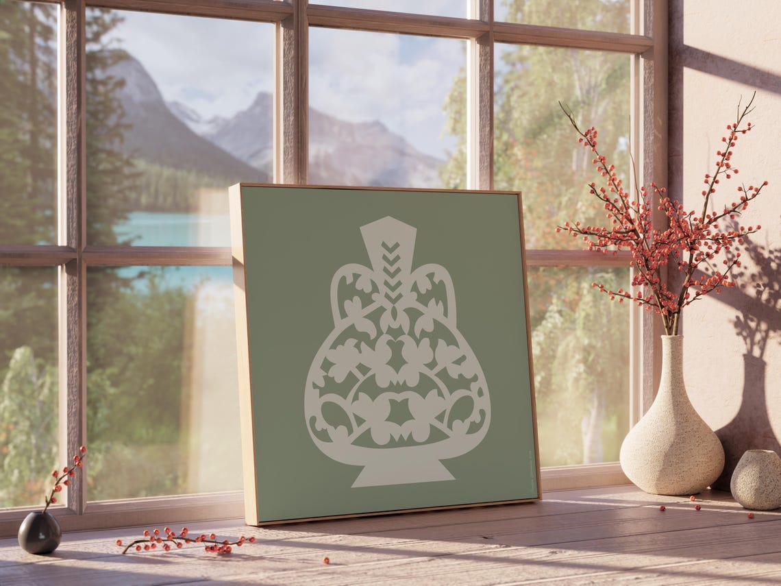Ornamental Sage Green Vase Silhouette Turkish Pattern Wall Art Print - Image 3