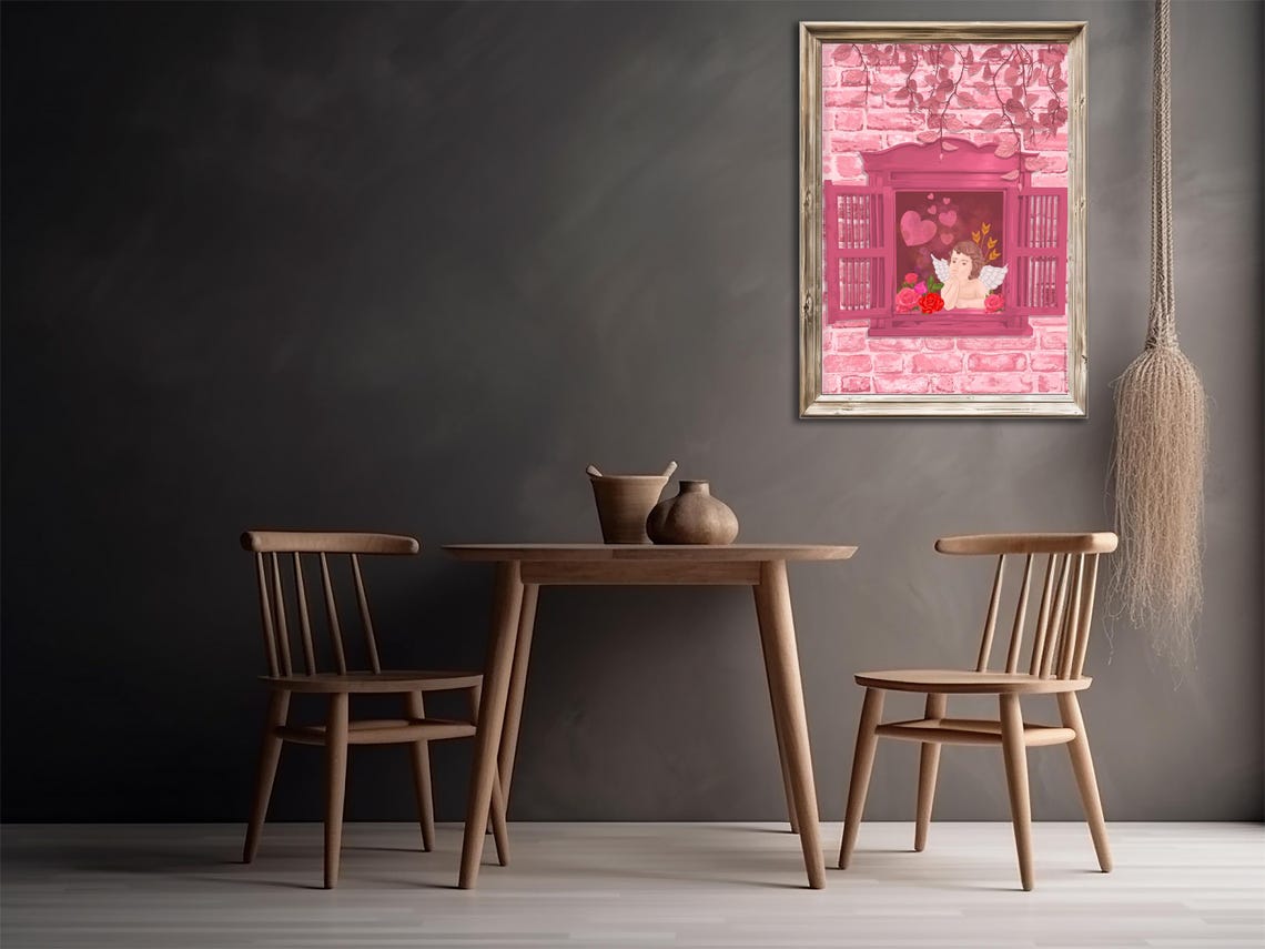 Pink Romantic Cupid Angel Window with Roses and Hearts Poster - Image 3