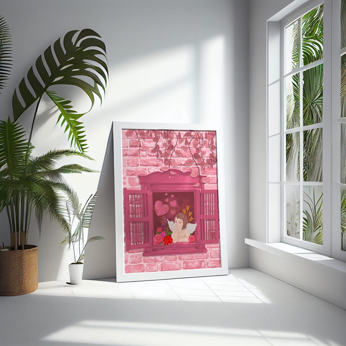 Pink Romantic Cupid Angel Window with Roses and Hearts Poster - Image 5
