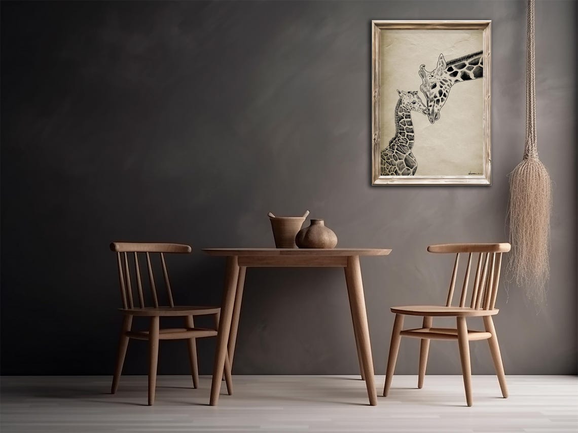 Mother Giraffe Nuzzling Baby Pencil Sketch Wildlife Nursery Print - Image 3