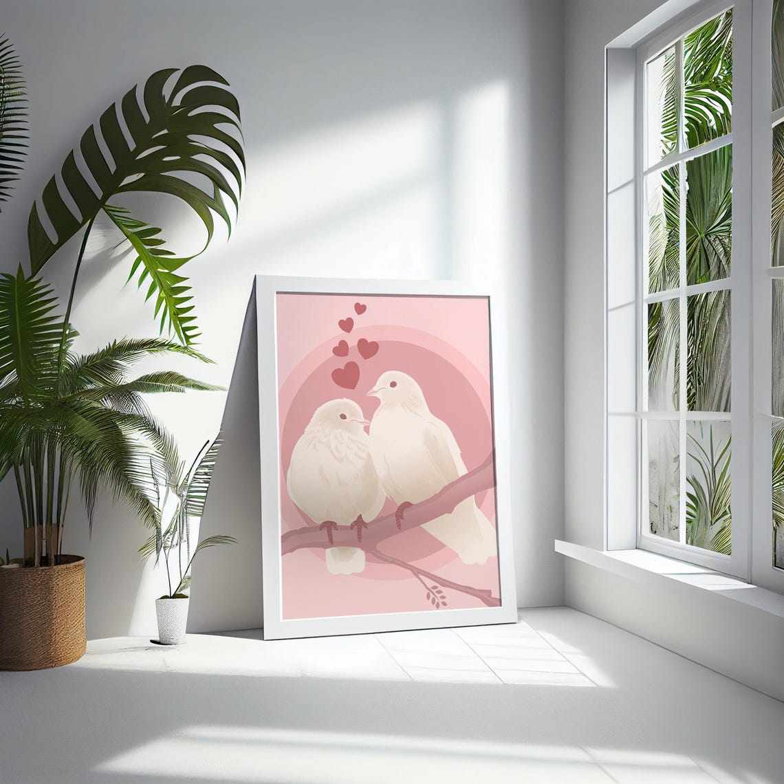White Lovebirds Pair on Pink Background with Floating Hearts Poster - Image 5