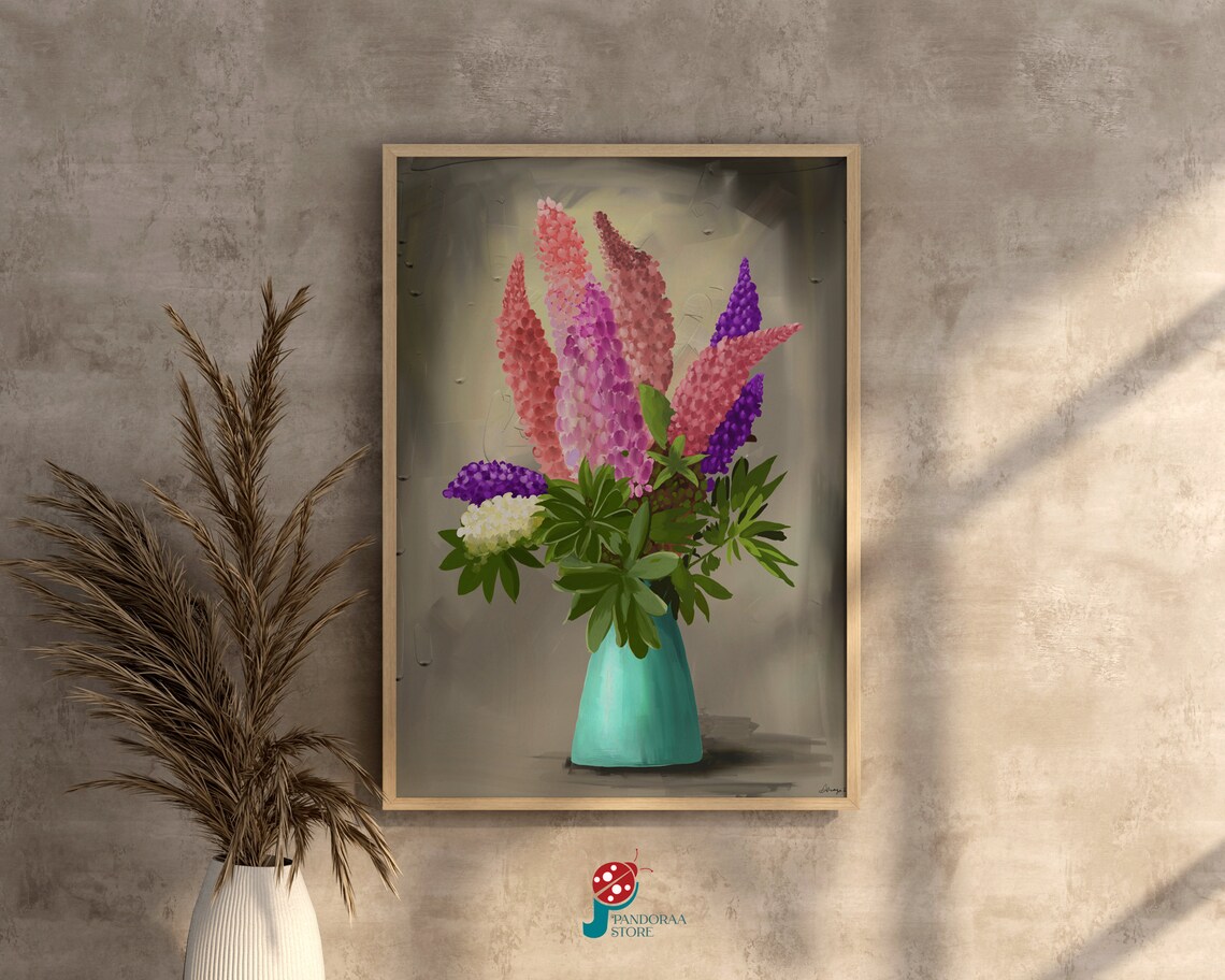 Colorful Lupine Bouquet in Turquoise Vase Oil Painting Poster
