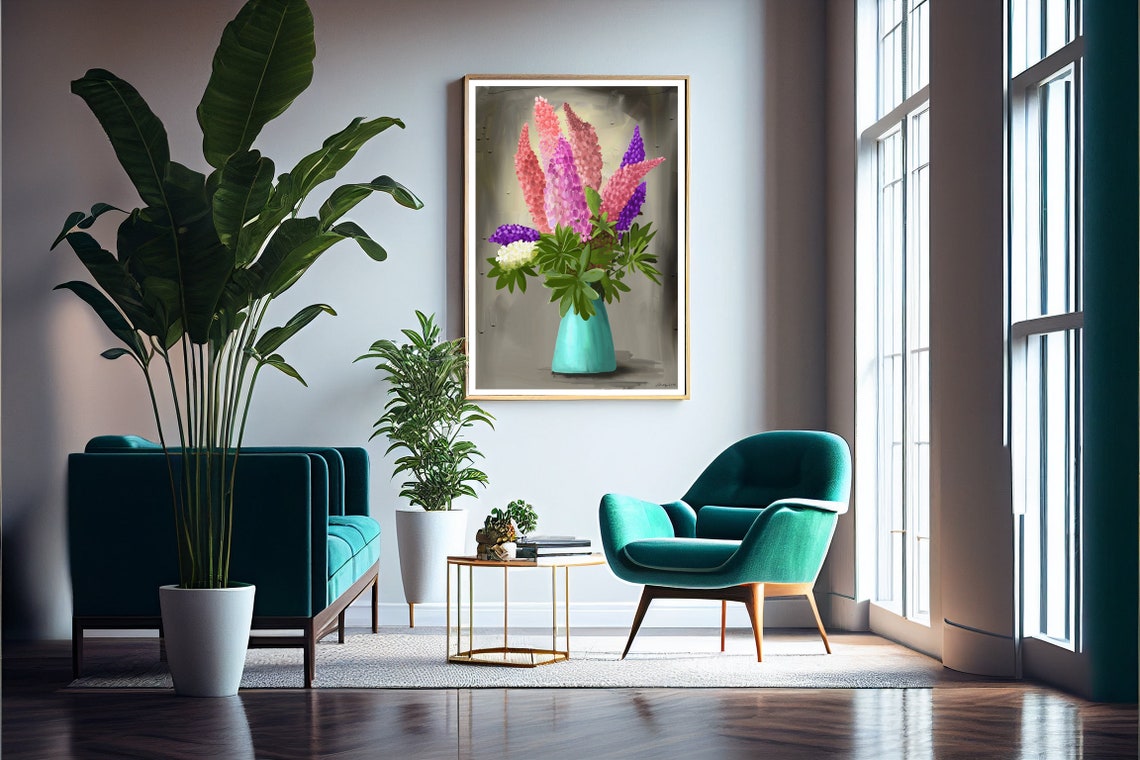 Colorful Lupine Bouquet in Turquoise Vase Oil Painting Poster - Image 4