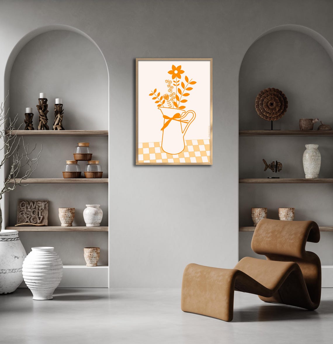 Orange Floral Pitcher Line Art Bouquet Ribbon Modern Kitchen Poster - Image 3