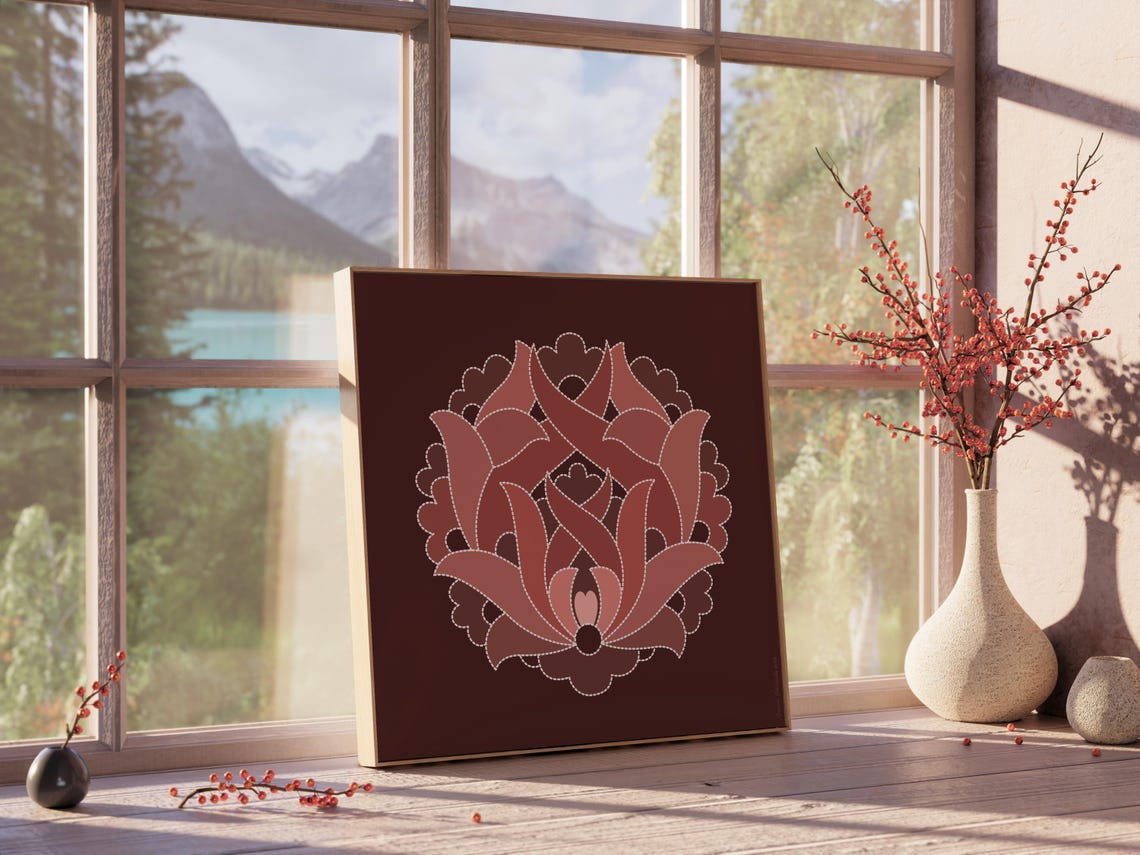 Terracotta Ornamental Floral Medallion Art on Dark Brown Poster - Image 3