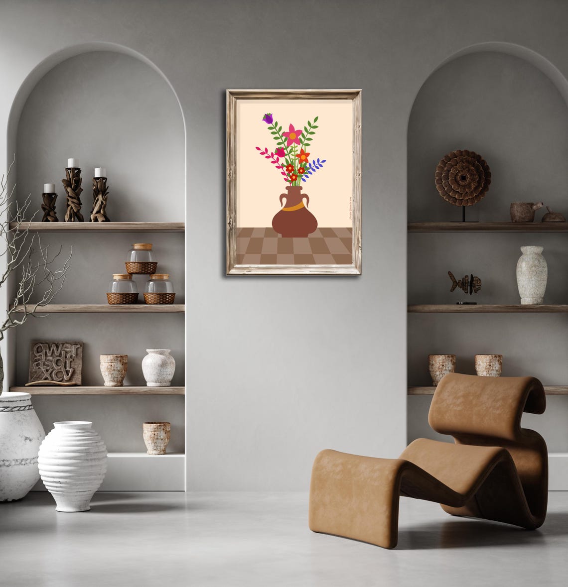 Colorful Wildflowers Brown Vase Folk Art Beige Botanical Wall Poster - Image 3
