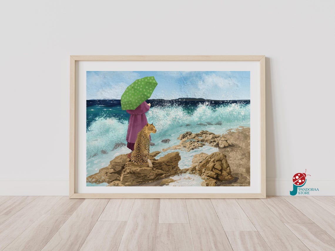 Woman Leopard Rocky Coast Ocean Waves Seascape Dreamlike Art Poster