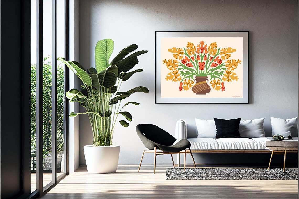 Yellow Orange Folk Floral Bouquet Brown Vase Autumn Wall Art Print - Image 5
