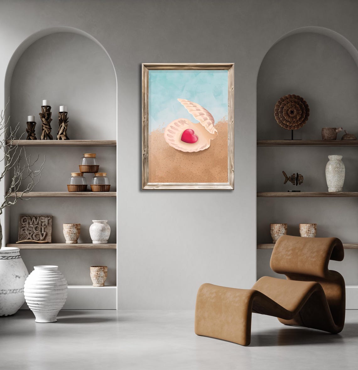 Romantic Red Heart Pearl in Seashell on Sandy Beach Wall Poster - Image 3