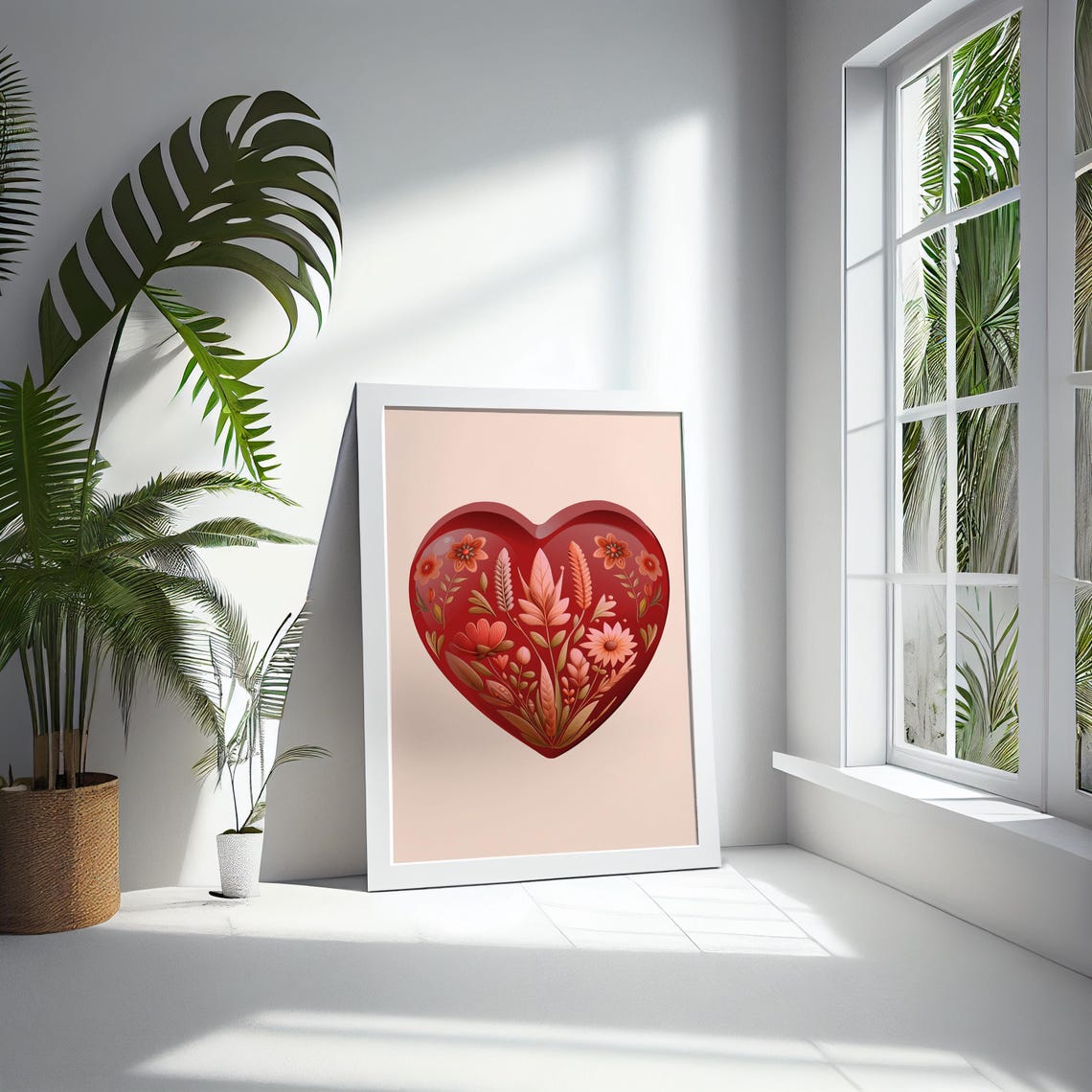 Romantic Red Floral Folk Art Heart on Blush Pink Background Poster - Image 5