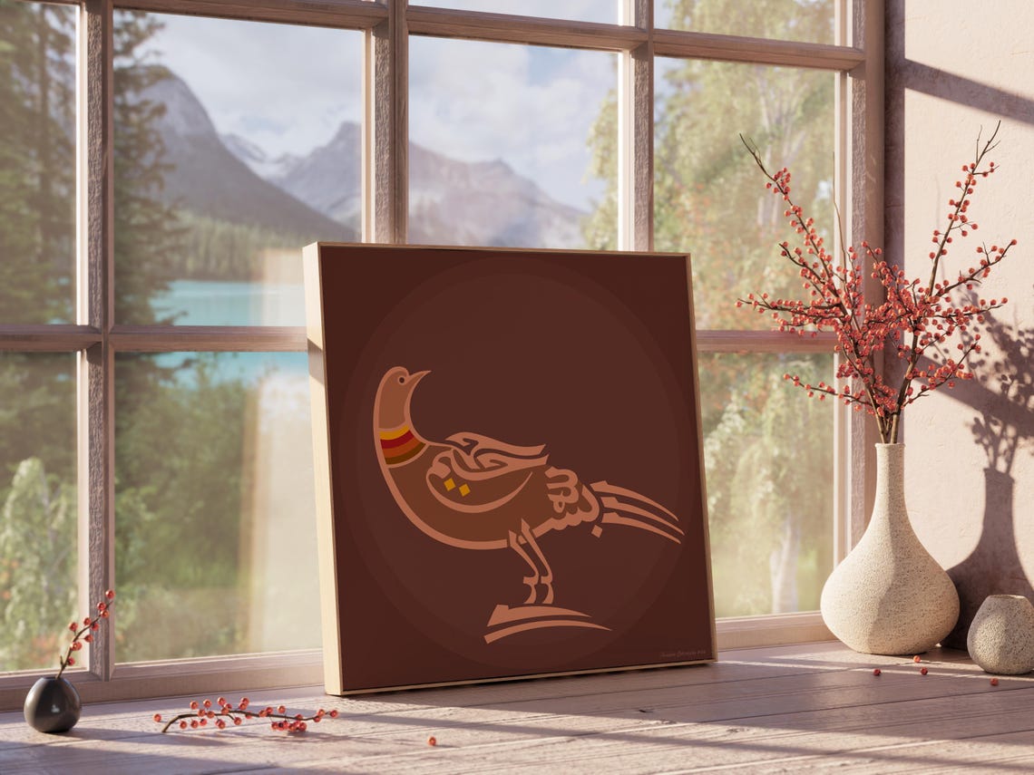 Folk Art Bird Calligraphy Terracotta Brown Stylized Animal Print - Image 4
