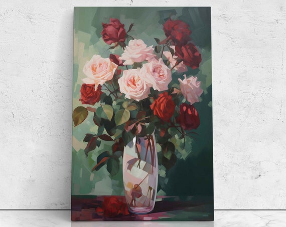 Vase Of Roses Painting Beautiful Mothers Day Gift Print On Ready To Hang