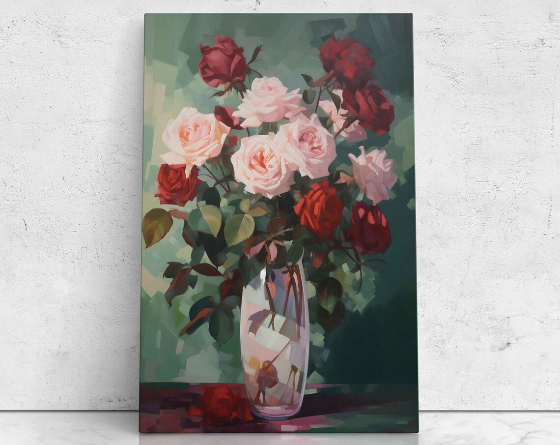 Blush And Red Roses In Glass Vase Impressionist Oil Painting Print
