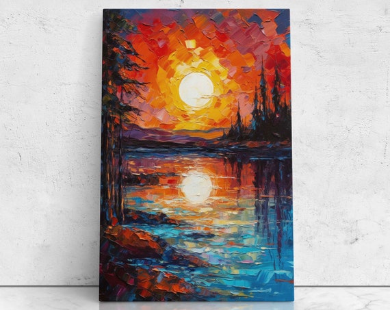 Sunset On The River Colorful Palette Knife Oil Painting Beautiful Vibrant Colors Ready To Hang