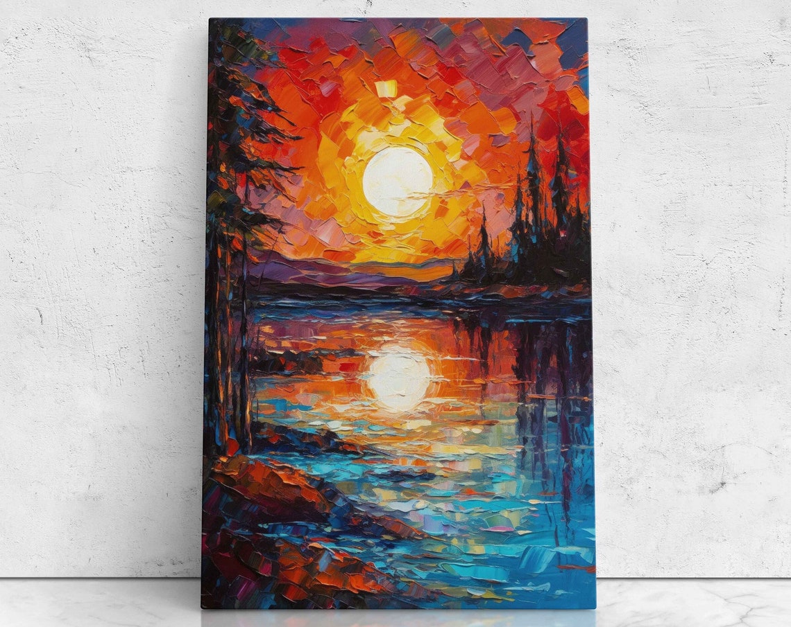 Sunset River Reflection Palette Knife Colorful Landscape Art Poster