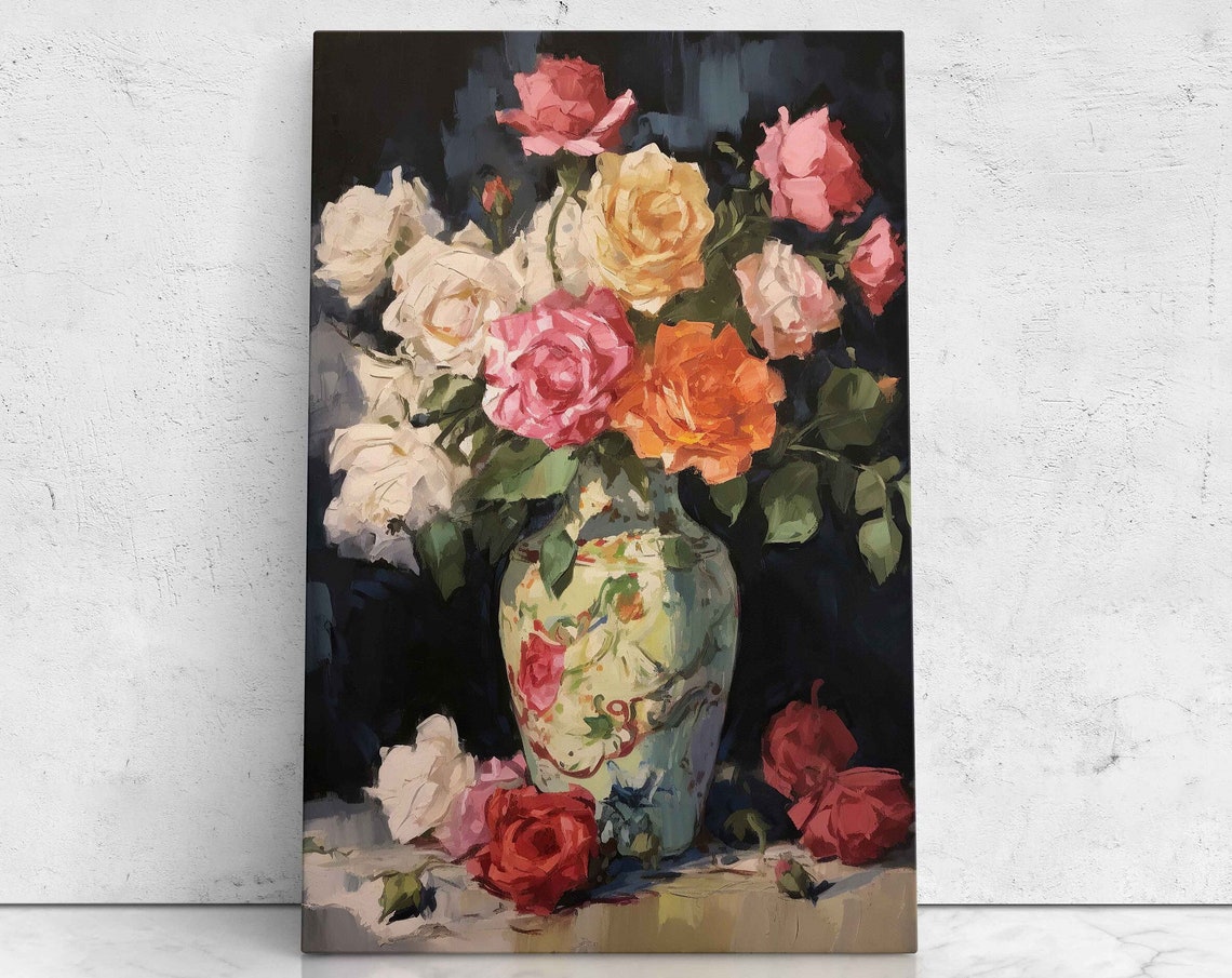 Multicolor Roses Bouquet In Decorative Vase Impressionist Art Poster