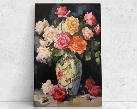 Vase Of Roses Oil Painting Mid Century Impressionist Painting Print On Ready To Hang Mothers Day Gift