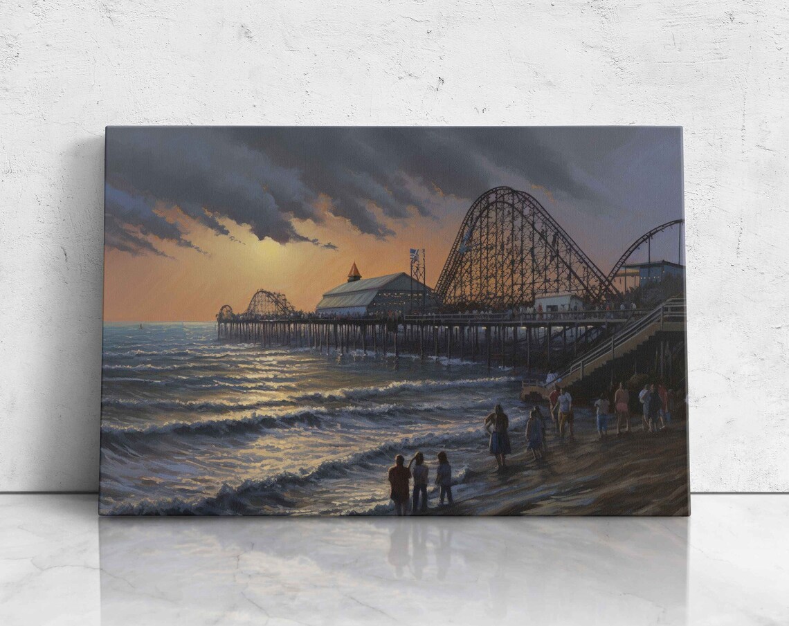 Seaside Amusement Pier Roller Coasters At Sunset Beach Boardwalk Poster